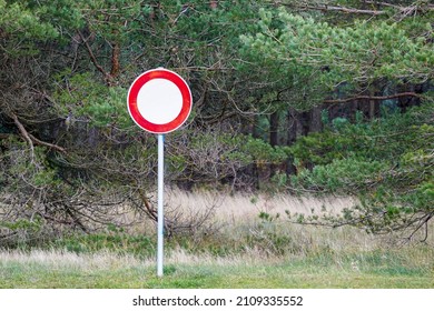 Round Red And White Road Sign Is Forbidden To Drive On A Green Forest Background