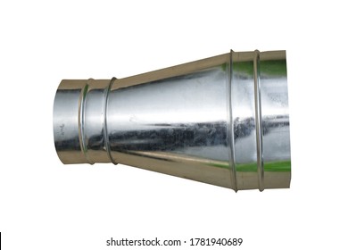 Round reducer of galvanized coil pipe for air ducting, air conditioning and ventilation systems and isolated on white background.