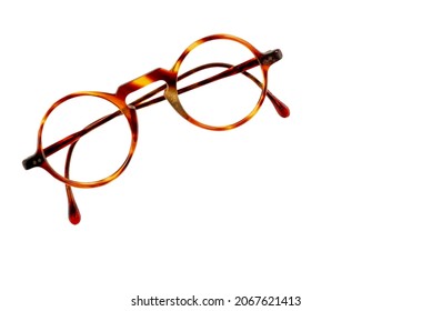 Round Retro Tortoise Shell Glasses Isolated On White Background, Clipping Path, Copy Space