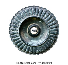 Round Rough Pitted Metal Shell Pattern Victorian Door Bell With Ceramic Button At The Centre And The Word Press In Black Text. On A White Background