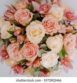 Round Royal Blue Velvet Box With White Roses And Pink Alstroemeria And Cymbidium.