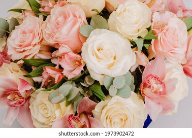 Round Royal Blue Velvet Box With White Roses And Pink Alstroemeria And Cymbidium.