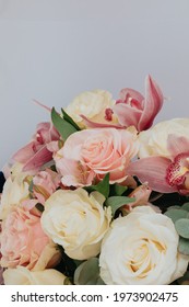 Round Royal Blue Velvet Box With White Roses And Pink Alstroemeria And Cymbidium.