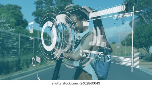 Round scanner and data processing against african american woman using smartwatch. digital interface and technology concept