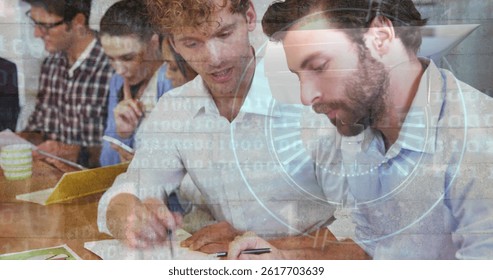 Round scanner and data processing against two caucasian men discussing at office. business technology concept