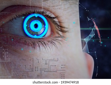 Round scanner and microprocessor connections against close up of female human eye. cyber security and digital interface technology concept