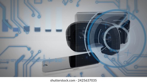 Round scanner and microprocessor connections over smartphone and vr headset against white background. computer interface and technology concept - Powered by Shutterstock - Get 15% off with code: PIKWIZARD15