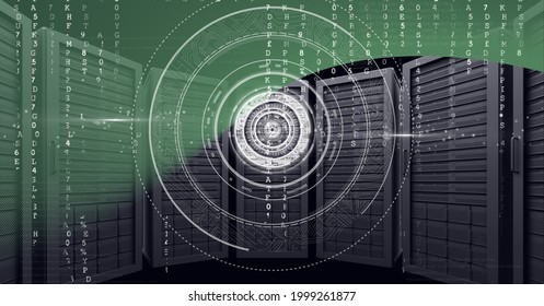 Round scanners and data processing against computer server against green technology background. cyber security and data storage technology concept