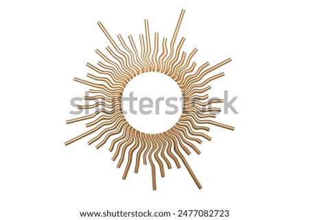 Round shape frame made with bent golden tubes, sun symbol element, isolated on white background
