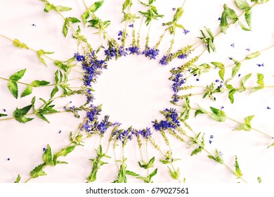 Round shape frame with violet field flowers on the white background. Flat lay, top view