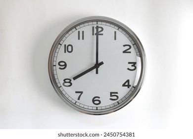 A round shape stainless steel wall clock with white face and hands set to 8 o'clock time. The clock is hanging on a wall.