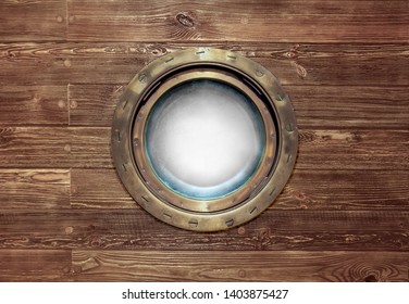 Round Ship Porthole In A Bronze Frame For A Concept On A Sea Voyage On The Yacht In Retro Style. Porthole Window With Brass Border And Glass With Space For Your Photo At Wooden Backdrop.