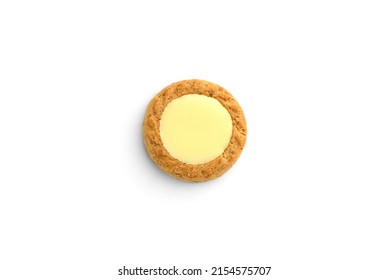 Round Shortbread Cookies With Lemon Filling Isolated On White Background.