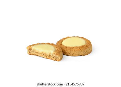 Round Shortbread Cookies With Lemon Filling Isolated On White Background.