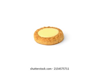 Round Shortbread Cookies With Lemon Filling Isolated On White Background.