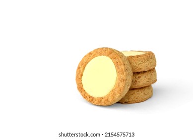 Round Shortbread Cookies With Lemon Filling Isolated On White Background.