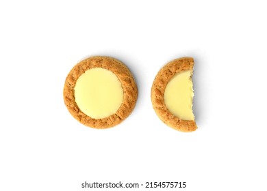 Round Shortbread Cookies With Lemon Filling Isolated On White Background.