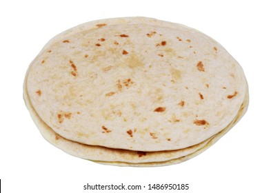 Round Soft Wheat Flour Tortilla Pancakes. Isolated On White Studio Food Image