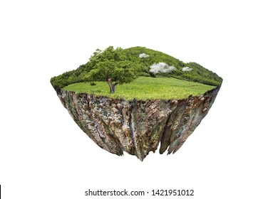  Round Soil Ground Cross Section With Earth Land And Green Grass.  Fantasy Floating Island With Natural On The Rock, Surreal Float Landscape With Paradise Concept Isolated On White Background