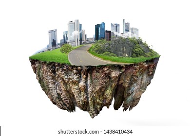  round soil ground cross section with earth land and  modern city  . fantasy floating island with natural on the rock, surreal float landscape with paradise concept isolated on white background