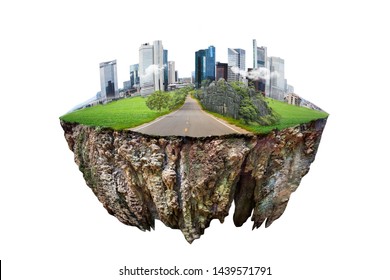  round soil ground cross section with earth land and  modern city  . fantasy floating island with natural on the rock, surreal float landscape with paradise concept isolated on white background