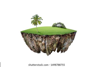  round soil ground cross section with earth land and green grass.  fantasy floating island with natural on the rock, surreal float landscape with paradise concept isolated on white background