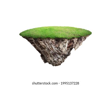 Round Soil Ground Cross Section With Earth Land And Green Grass. Fantasy Floating Island Natural On The Rock Surreal Float Landscape With Paradise Concept Isolated On White Background. 3d Illustration