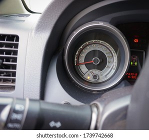 A round speedometer is in a machine.