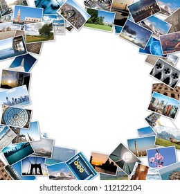 Round Stack Of Travel Images From The World With Copy Space In The Center.