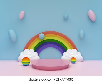 Round stage step podiums with rainbow on pastel blue background. Pedestal for kid product presentation. Geometric 3D render - Powered by Shutterstock