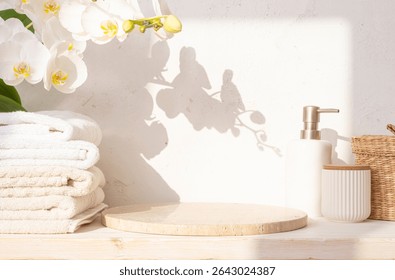 Round stone podium with empty space, set of spa bathing tools and orchid flowers on abstract texture plaster wall background in sunlight shadows. NO AI USED