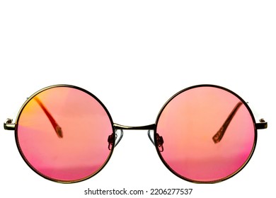 Round sunglasses and pink glasses and gradient in metal frame white background  Isolated  Sun glare the glass 