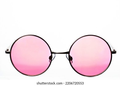 Round sunglasses and pink glasses and gradient in metal frame white background  Sun glare the glass  
