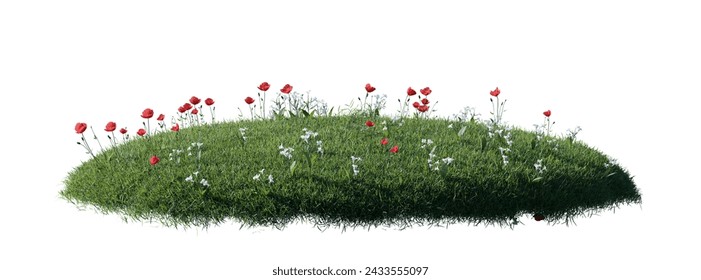 round surface patch covered with flowers, green leaf rock plant or dry grass isolated on white background. Realistic natural element for design. Bright 3d illustration.	