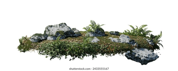 round surface patch covered with flowers, green leaf rock plant or dry grass isolated on white background. Realistic natural element for design. Bright 3d illustration.	