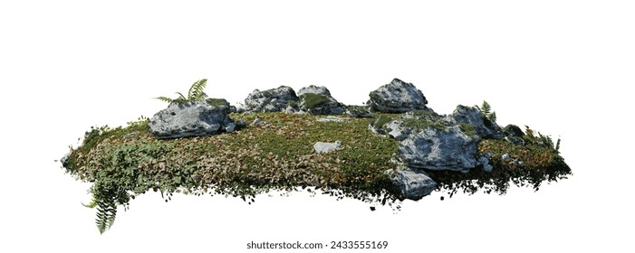 round surface patch covered with flowers, green leaf rock plant or dry grass isolated on white background. Realistic natural element for design. Bright 3d illustration.	
