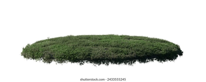 round surface patch covered with flowers, green leaf rock plant or dry grass isolated on white background. Realistic natural element for design. Bright 3d illustration.	