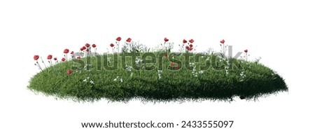 round surface patch covered with flowers, green leaf rock plant or dry grass isolated on white background. Realistic natural element for design. Bright 3d illustration.	