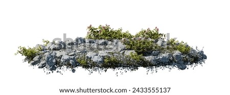 round surface patch covered with flowers, green leaf rock plant or dry grass isolated on white background. Realistic natural element for design. Bright 3d illustration.	