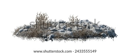 round surface patch covered with flowers, green leaf rock plant or dry grass isolated on white background. Realistic natural element for design. Bright 3d illustration.	