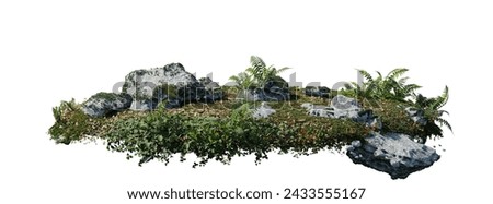 round surface patch covered with flowers, green leaf rock plant or dry grass isolated on white background. Realistic natural element for design. Bright 3d illustration.	