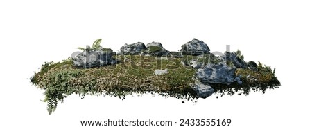 round surface patch covered with flowers, green leaf rock plant or dry grass isolated on white background. Realistic natural element for design. Bright 3d illustration.	