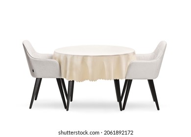 Round Table With A Cloth And Two Chairs Isolated On White Background