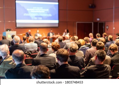 Round Table Discussion At Business Convention And Presentation. Audience At The Conference Hall. Business And Entrepreneurship Symposium.