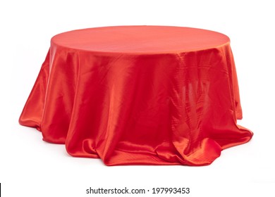 Round Table With Red Cloth  On White Background. 