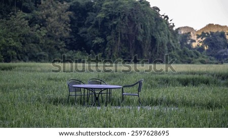 A round table with three chairs is sitting in a field of grass. The chairs are empty and the table is covered in a blanket. The scene is peaceful and serene, with the grass