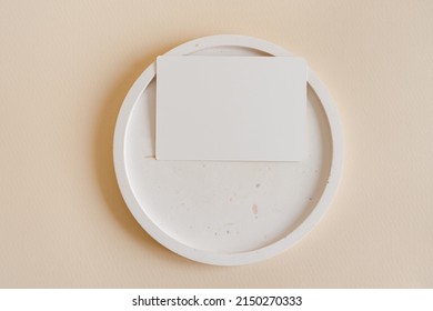 Round Terrazzo Plate And Business Card Mock Up, Place Card, Name Card, Menu Mock Up On Beige Background