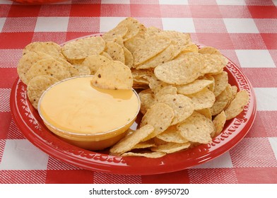 Round Tortilla Chips With Cheddar Cheese Dip