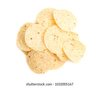 Round Tortilla Corn Chips On A White Background 