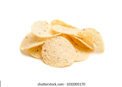 Round Tortilla Corn Chips On A White Background 